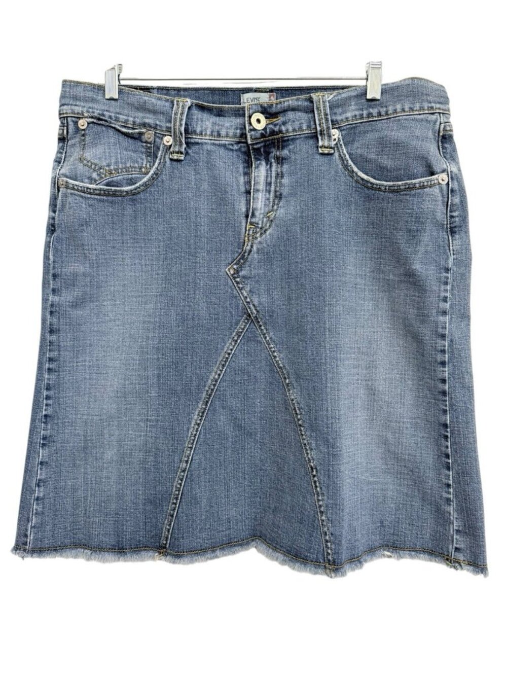 Y2K Levis Blue Denim Midi Skirt w/ Distressed Raw Hem 99% cotton - Women Sz 18